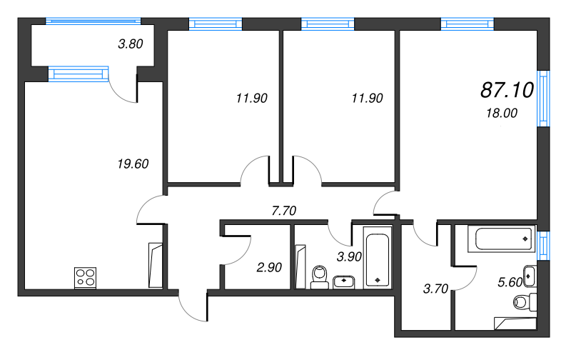 4-комнатная (Евро) квартира, 87.1 м² - планировка, фото №1