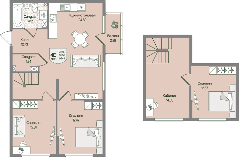 4-комнатная (Евро) квартира, 96.42 м² в ЖК "Охтинские высоты" - планировка, фото №1