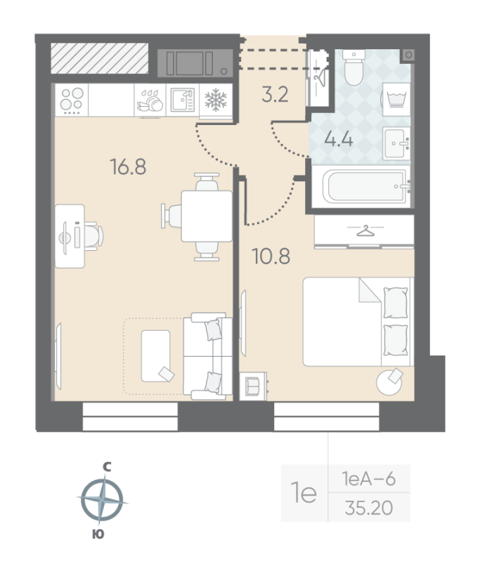 2-комнатная (Евро) квартира, 35.2 м² в ЖК "Большая Охта" - планировка, фото №1