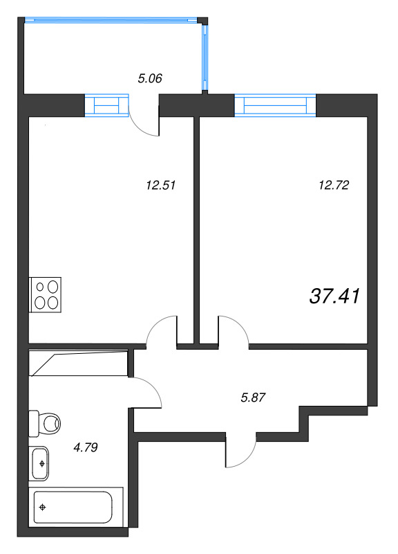 1-комнатная квартира, 36.9 м² - планировка, фото №1