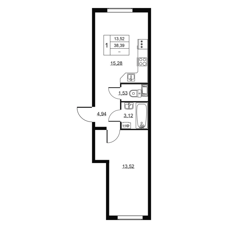 2-комнатная (Евро) квартира, 38.39 м² в ЖК "Пулковское, 34" - планировка, фото №1
