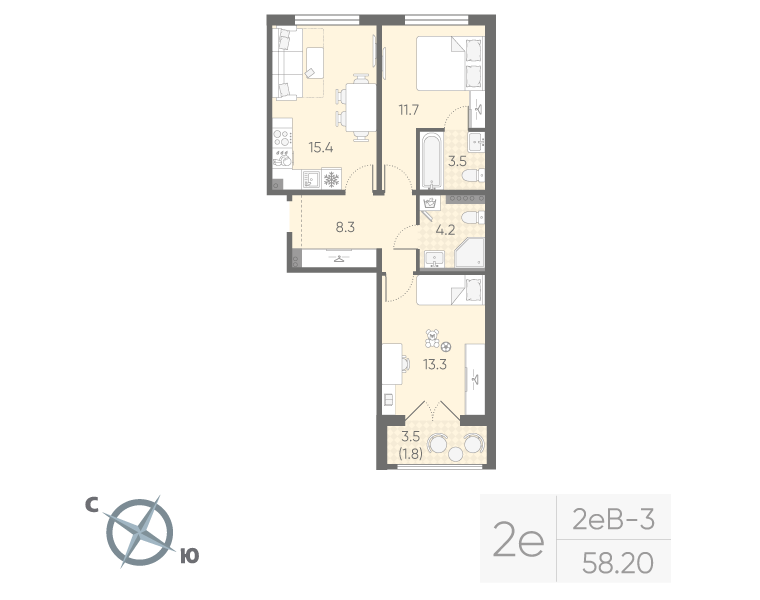 3-комнатная (Евро) квартира, 58.2 м² в ЖК "Пулково Lake" - планировка, фото №1