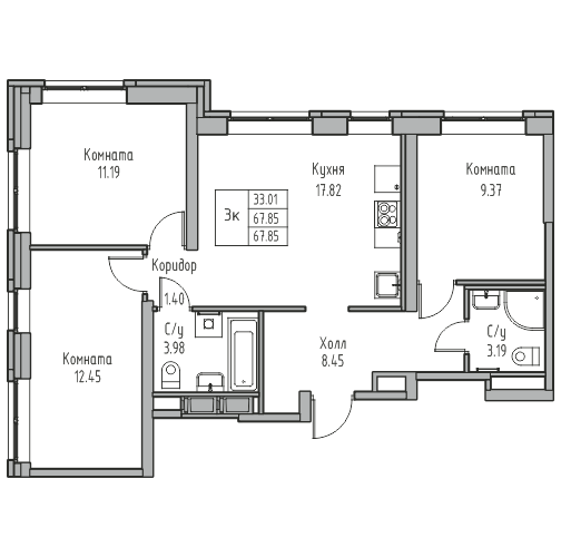 4-комнатная (Евро) квартира, 67.85 м² в ЖК "Юнтолово" - планировка, фото №1