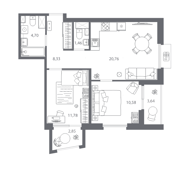 3-комнатная (Евро) квартира, 60.29 м² - планировка, фото №1