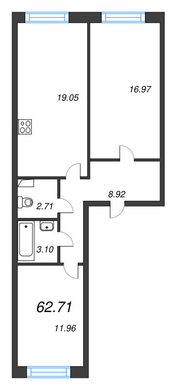 3-комнатная (Евро) квартира, 62.71 м² в ЖК "Остров Первых" - планировка, фото №1