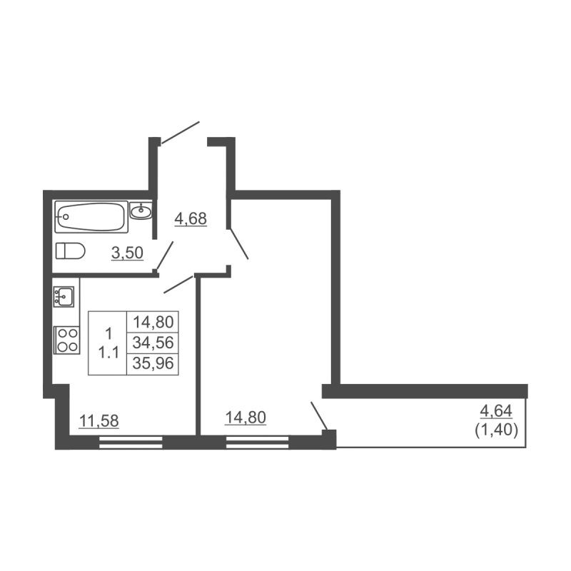 1-комнатная квартира, 35.96 м² в ЖК "Тандем" - планировка, фото №1