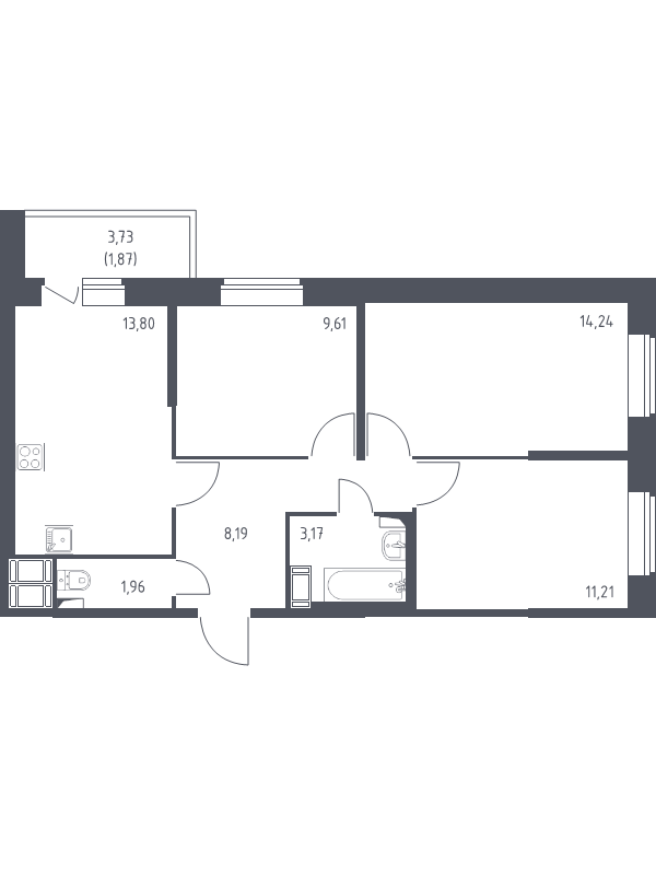 3-комнатная квартира, 64 м² - планировка, фото №1