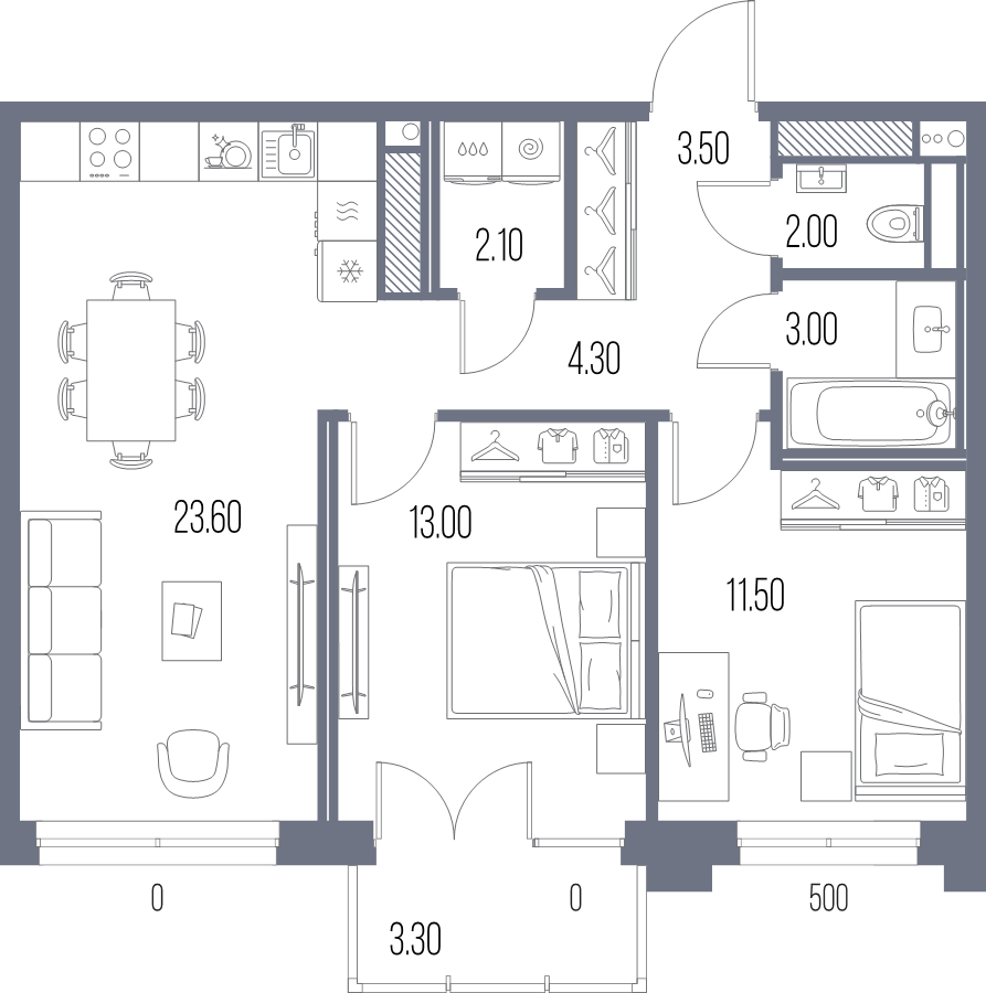3-комнатная (Евро) квартира, 63 м² в ЖК "Легенда на Охте" - планировка, фото №1