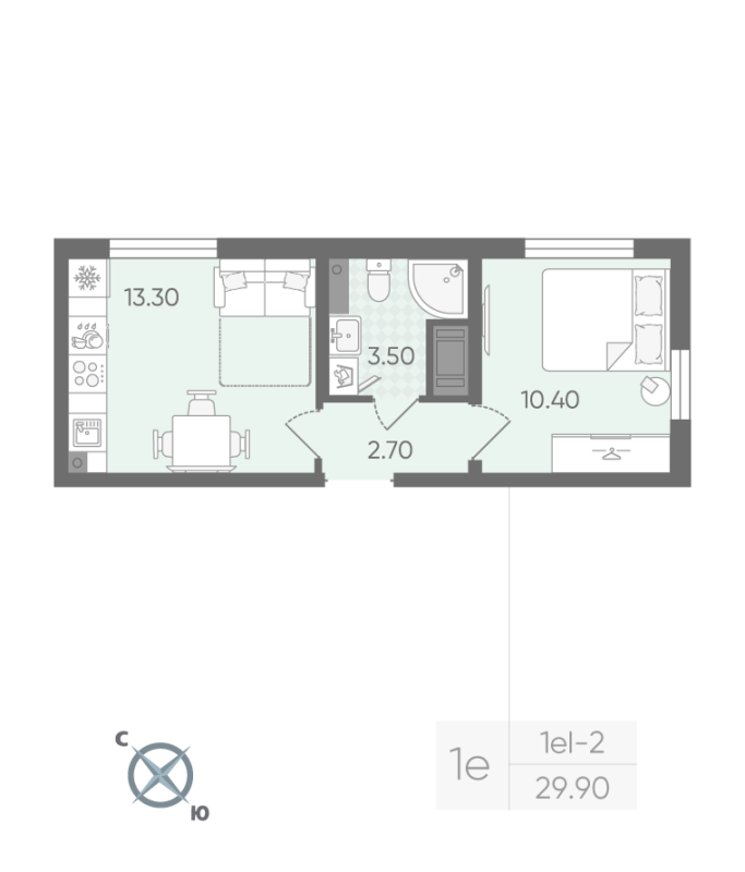 1-комнатная квартира, 29.9 м² в ЖК "Ручьи" - планировка, фото №1