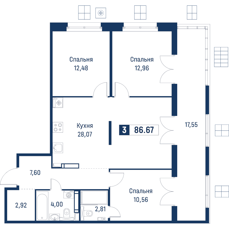 4-комнатная (Евро) квартира, 86.67 м² в ЖК "Символист" - планировка, фото №1