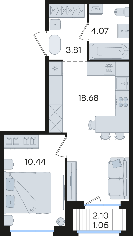 2-комнатная (Евро) квартира, 38.05 м² в ЖК "Романовка" - планировка, фото №1