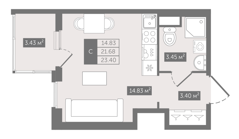 Квартира-студия, 23.4 м² - планировка, фото №1