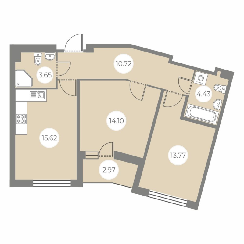 3-комнатная (Евро) квартира, 63.78 м² - планировка, фото №1