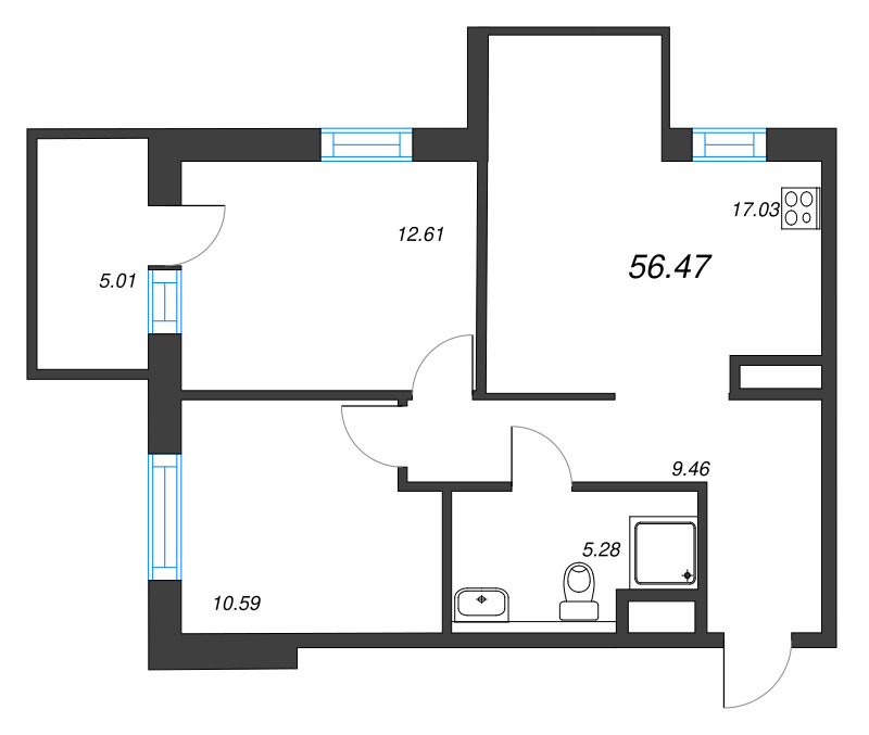 3-комнатная (Евро) квартира, 56.3 м² в ЖК "Рощино Residence" - планировка, фото №1