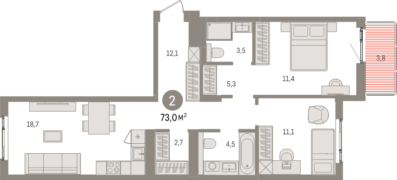 3-комнатная (Евро) квартира, 73 м² в ЖК "Брусника в Новоселье" - планировка, фото №1