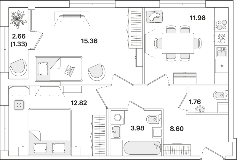 2-комнатная квартира, 55.83 м² - планировка, фото №1