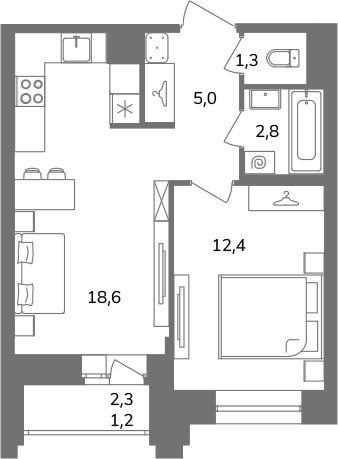 2-комнатная (Евро) квартира, 41.2 м² в ЖК "Антверпен" - планировка, фото №1
