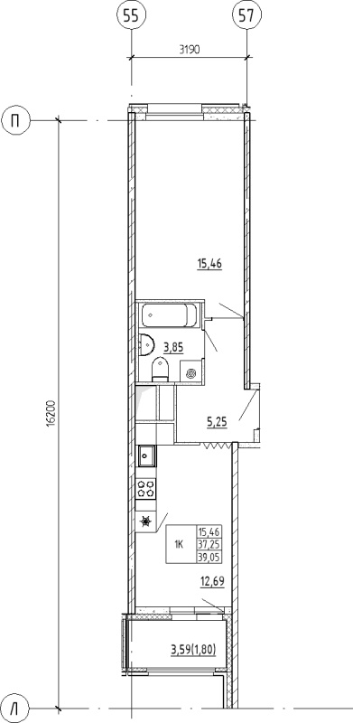 1-комнатная квартира, 39.05 м² - планировка, фото №1