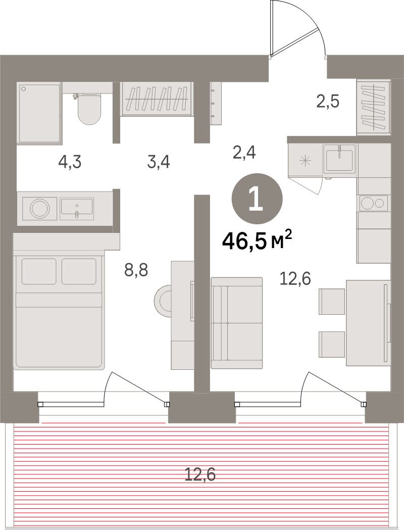 1-комнатная квартира, 46.5 м² - планировка, фото №1