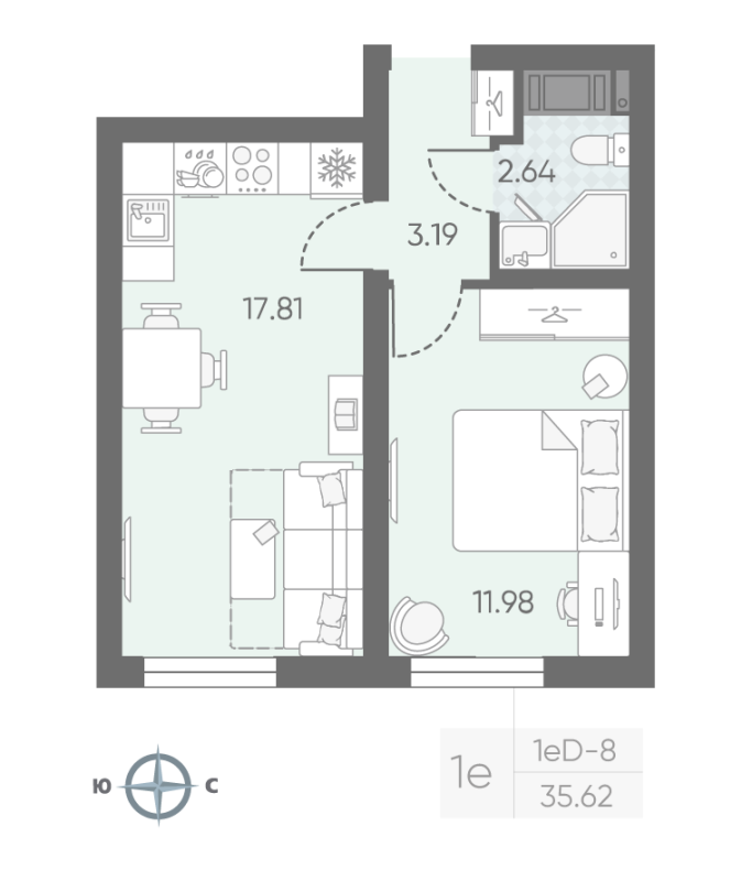 2-комнатная (Евро) квартира, 35.74 м² в ЖК "Морская миля" - планировка, фото №1