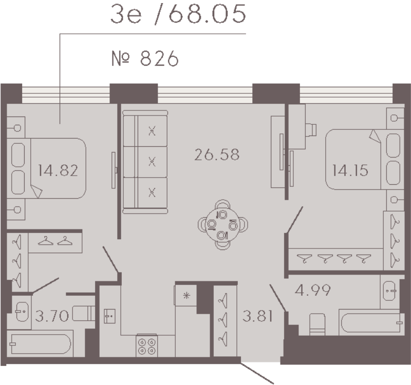 3-комнатная (Евро) квартира, 68.05 м² - планировка, фото №1