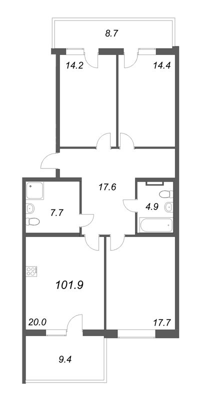 4-комнатная (Евро) квартира, 101.9 м² - планировка, фото №1