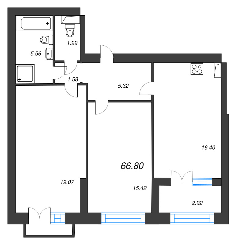 3-комнатная (Евро) квартира, 70.4 м² в ЖК "Наука" - планировка, фото №1