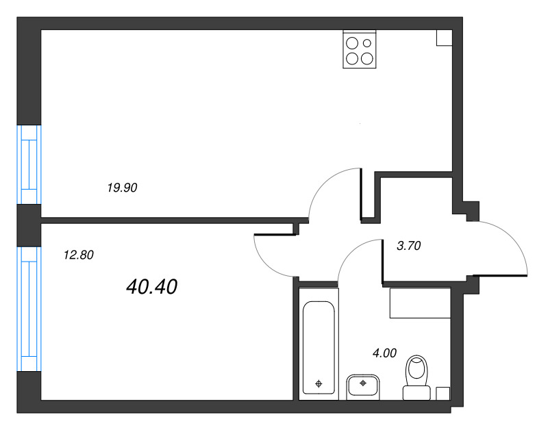 2-комнатная (Евро) квартира, 40.4 м² - планировка, фото №1