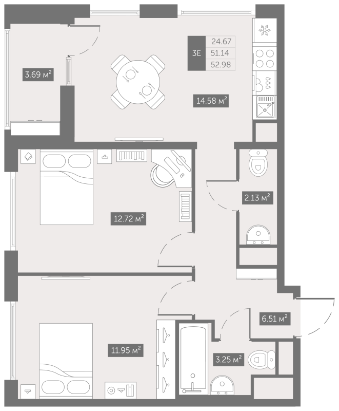 2-комнатная квартира, 52.98 м² - планировка, фото №1