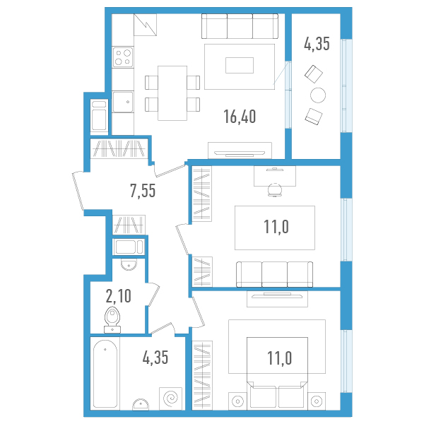 2-комнатная квартира, 54.58 м² - планировка, фото №1