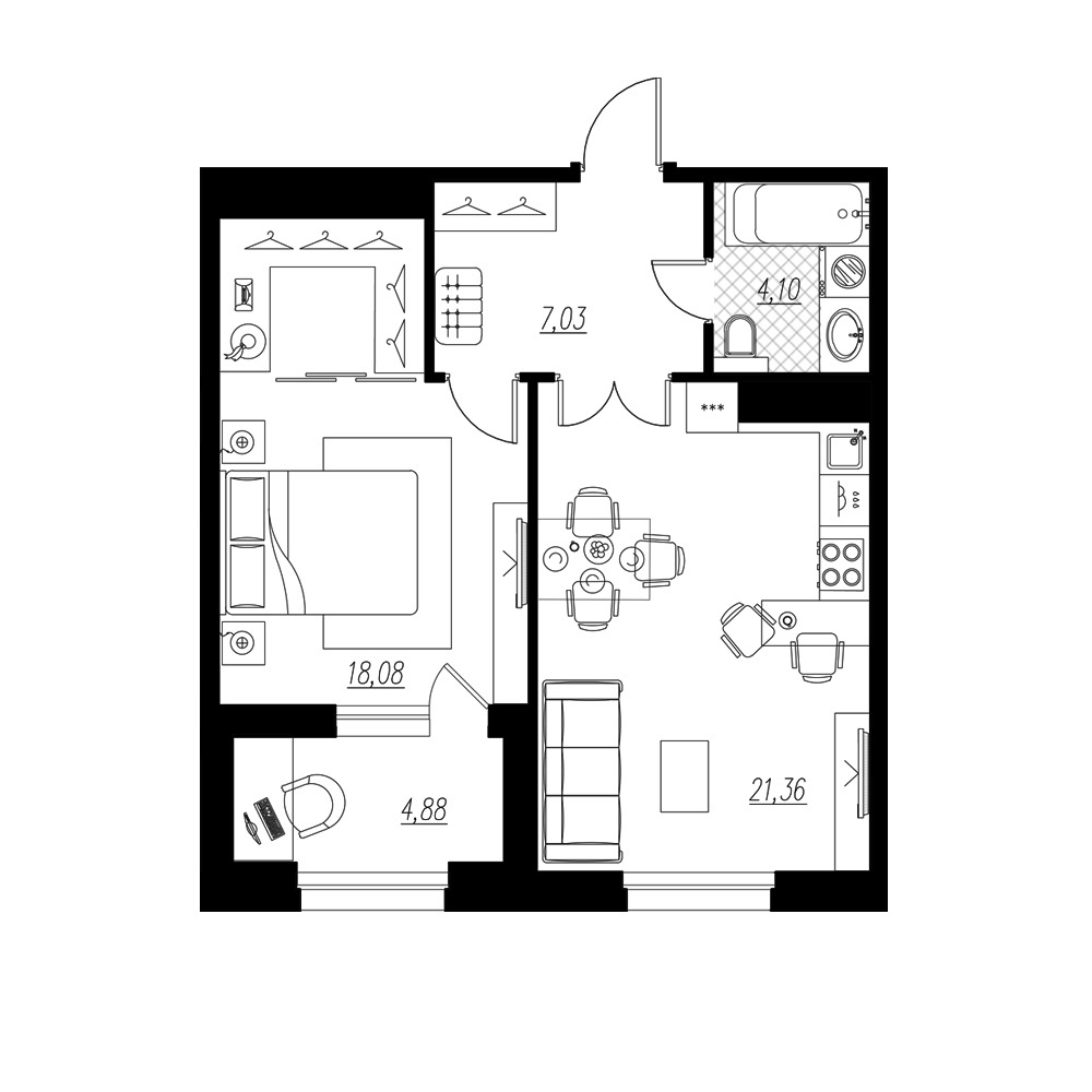 1-комнатная квартира, 53.6 м² - планировка, фото №1