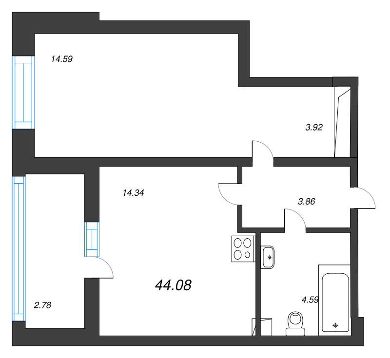 1-комнатная квартира, 44.08 м² - планировка, фото №1