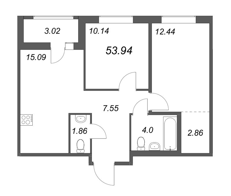 3-комнатная (Евро) квартира, 50.78 м² - планировка, фото №1