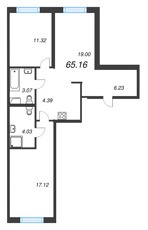3-комнатная (Евро) квартира, 65.16 м² в ЖК "Окла" - планировка, фото №1