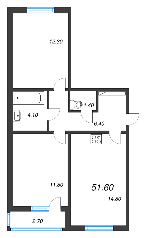 2-комнатная квартира, 51.6 м² - планировка, фото №1