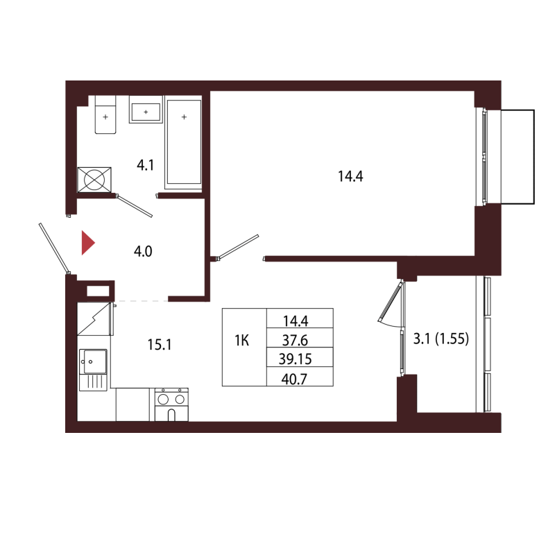 2-комнатная (Евро) квартира, 39.15 м² в ЖК "Лисино" - планировка, фото №1