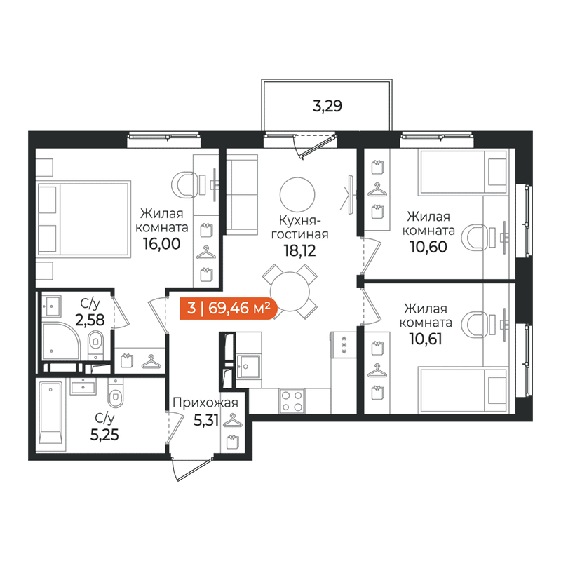 4-комнатная (Евро) квартира, 69.46 м² в ЖК "Алгоритм Квинта" - планировка, фото №1