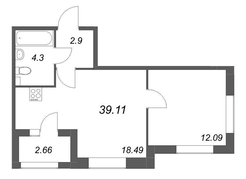 2-комнатная (Евро) квартира, 39.11 м² в ЖК "Гранат" - планировка, фото №1