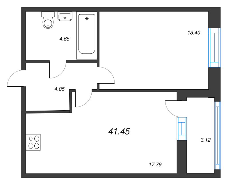 2-комнатная (Евро) квартира, 41.45 м² - планировка, фото №1