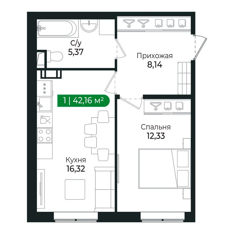 2-комнатная (Евро) квартира, 42.2 м² в ЖК "Сертолово Парк" - планировка, фото №1