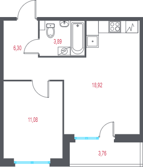 2-комнатная (Евро) квартира, 42.07 м² в ЖК "Город-спутник Южный" - планировка, фото №1