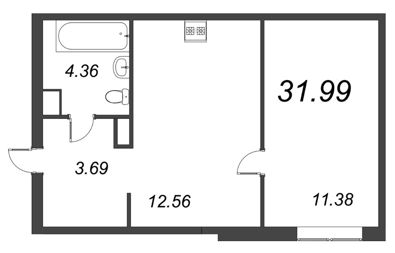 1-комнатная квартира, 31.99 м² - планировка, фото №1