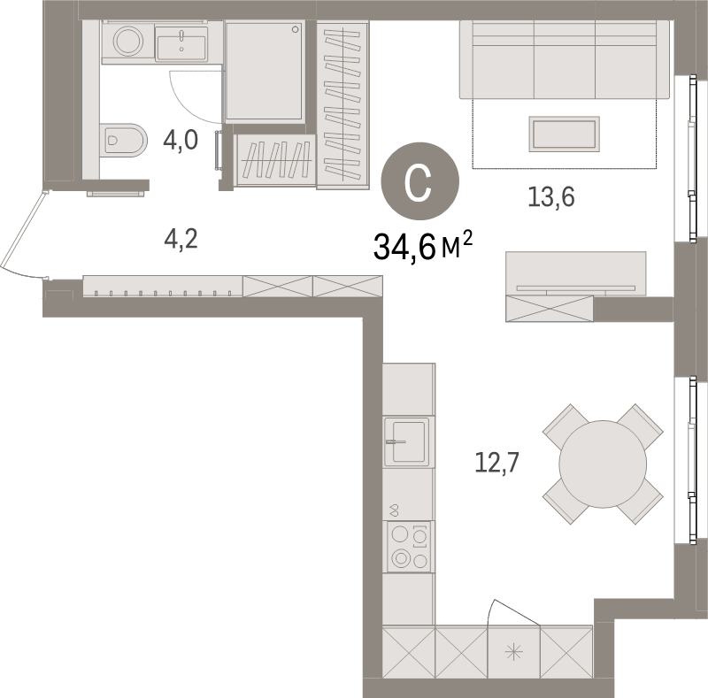 Квартира-студия, 34.6 м² в ЖК "Брусника в Новоселье" - планировка, фото №1