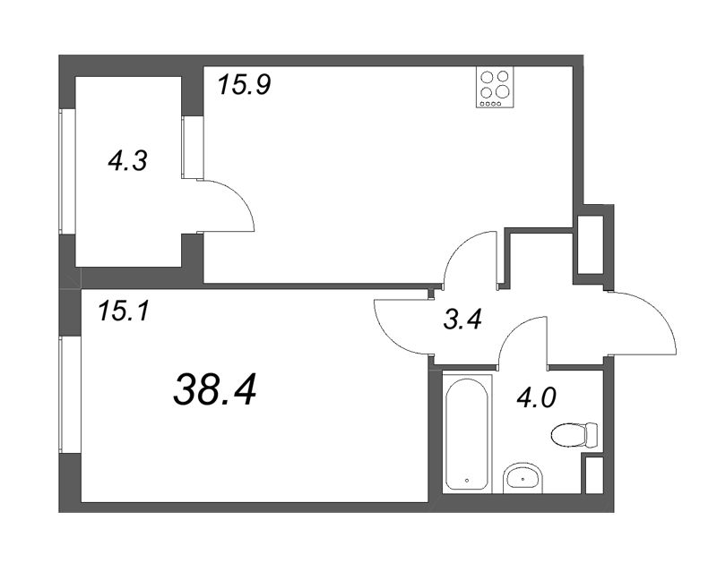 2-комнатная (Евро) квартира, 38.4 м² - планировка, фото №1