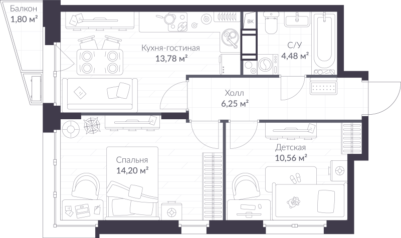 2-комнатная квартира, 49.81 м² в ЖК "ВЕРЕН НОРТ сертолово" - планировка, фото №1