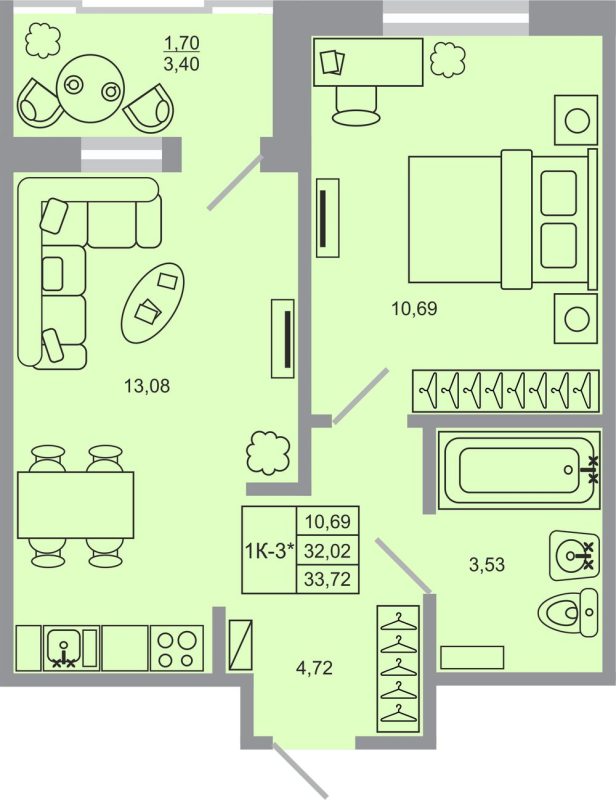 1-комнатная квартира, 33.72 м² в ЖК "Стороны света-2" - планировка, фото №1