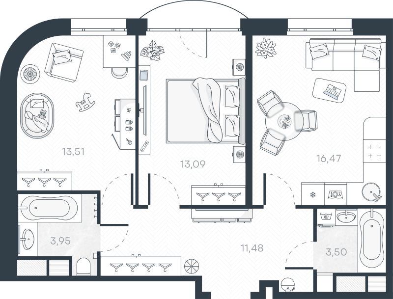 3-комнатная (Евро) квартира, 62.8 м² в ЖК "MONODOM-ART" - планировка, фото №1