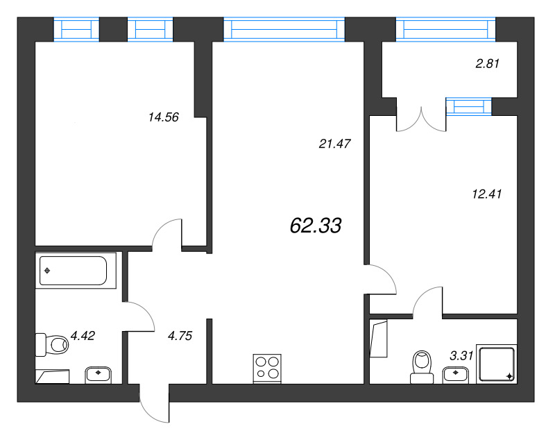 2-комнатная квартира, 62.33 м² в ЖК "Наука" - планировка, фото №1