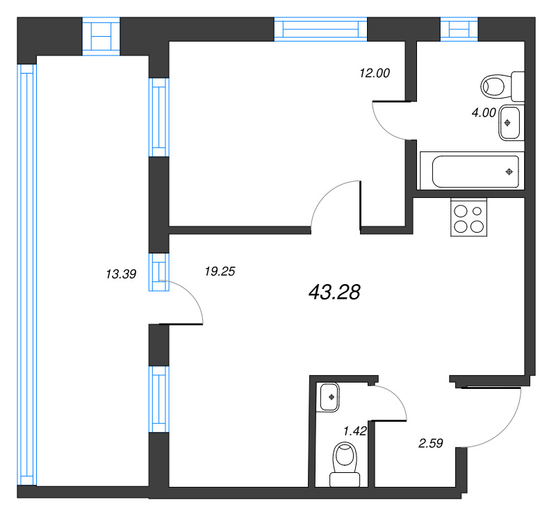 2-комнатная (Евро) квартира, 43.28 м² в ЖК "Старлайт" - планировка, фото №1