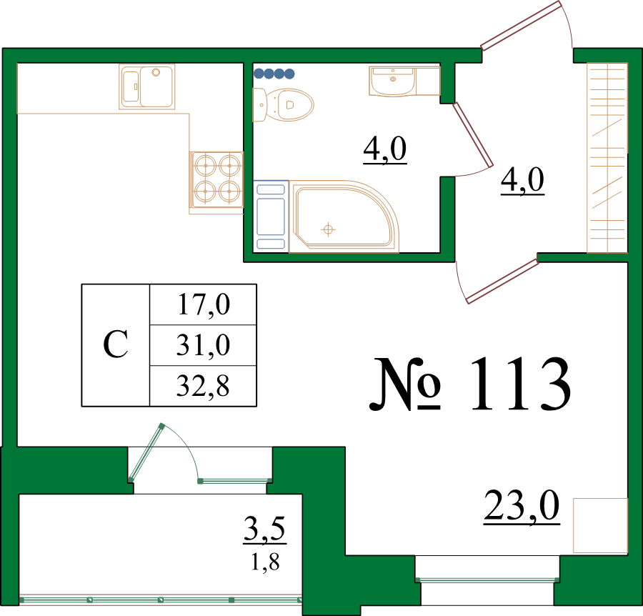 Квартира-студия, 32.8 м² в ЖК "Орловский Бульвар" - планировка, фото №1